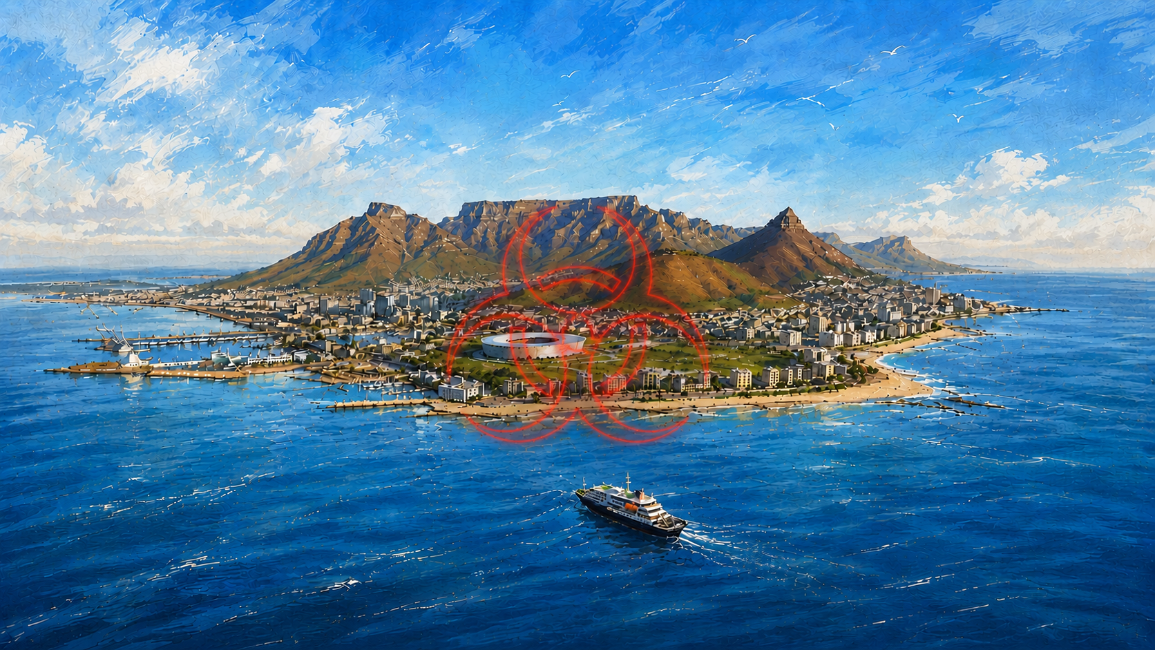 Painterly aerial view of a coastal city beneath a table-topped mountain, overlaid with a biohazard symbol