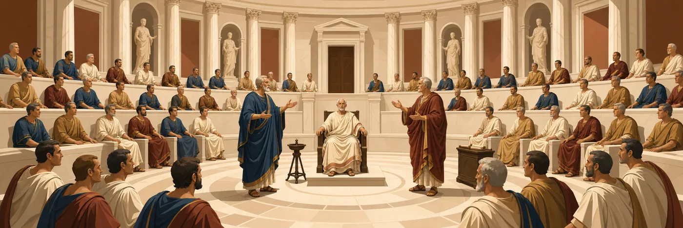 A painterly classical scene of robed figures gathered in an assembly