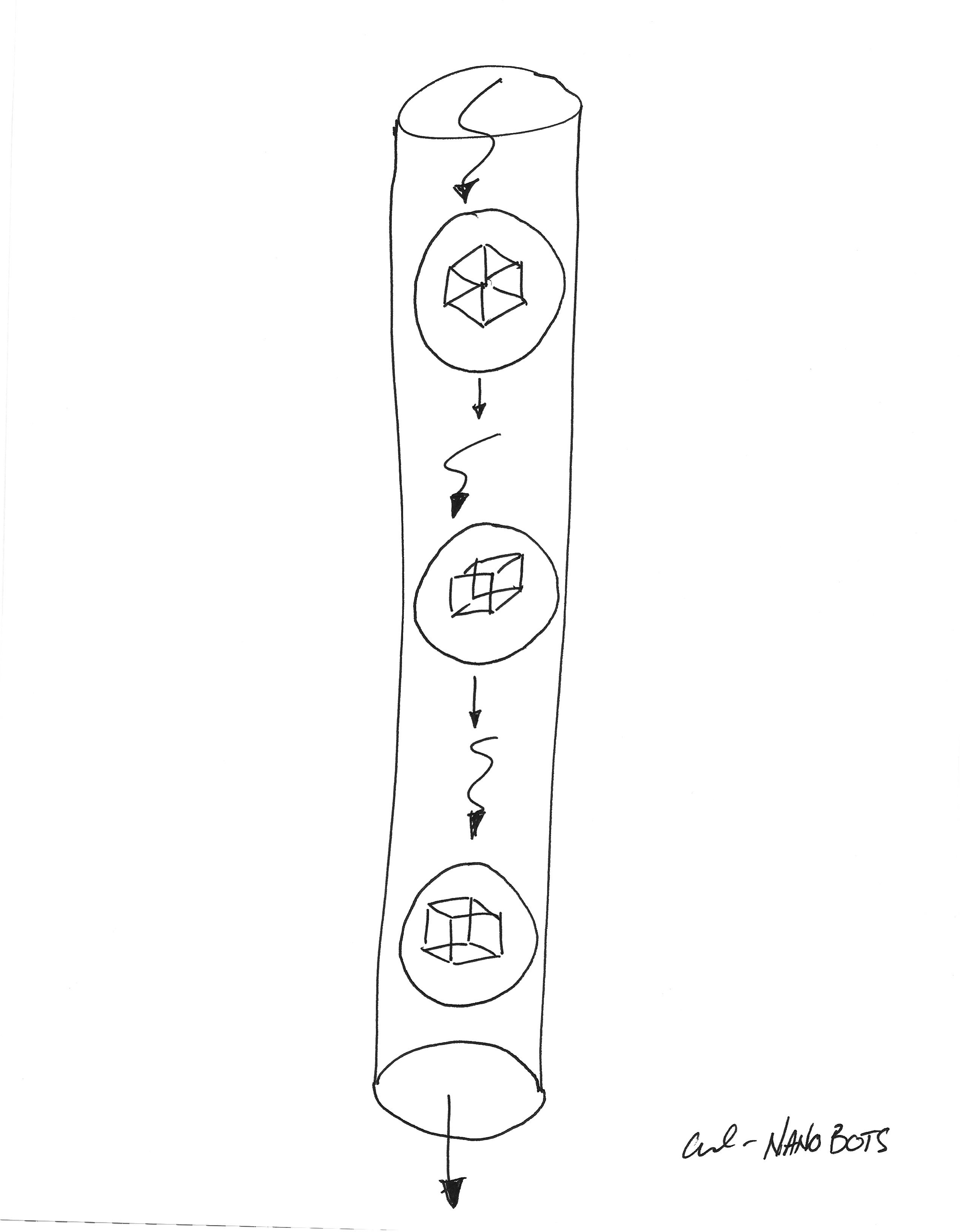 Hand-drawn sketch of a vessel with spherical containers holding right-angled shapes, annotated &lsquo;nano bots&rsquo;