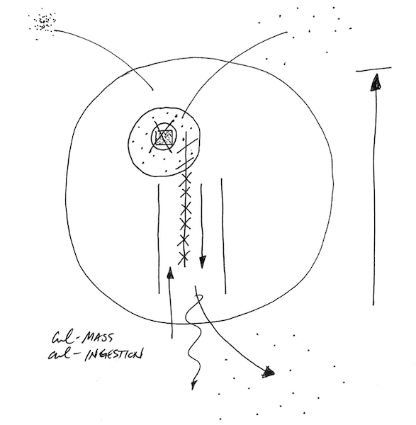 Hand-drawn sketch of particulate circulating through the cardiovascular system with affected areas marked X